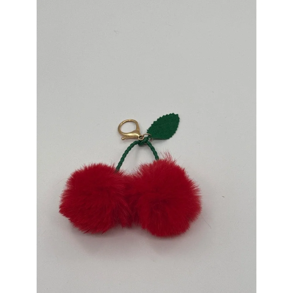 Red Faux Fur Cherry Pom Pom Keychain Bag Charm Gold Tone Clasp Accessory